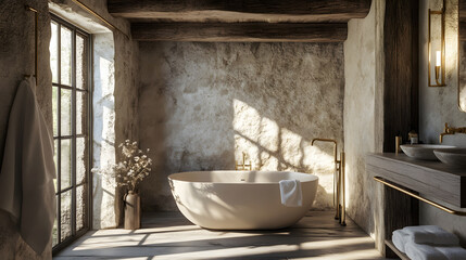 Luxurious rustic bath with warm light reflections.