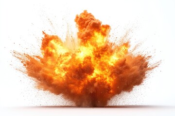 A massive cloud of orange and yellow smoke fills the frame, set against a pure white background