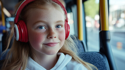 Young girl with red headphones sitting on a bus