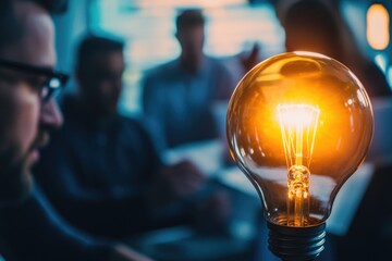 A group of people gathered around a light bulb, ideal for illustrations about learning or idea generation