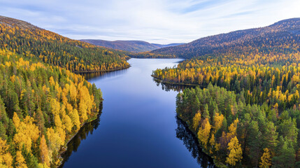 Aerial view of serene lake surrounded by vibrant autumn foliage, showcasing golden and green trees reflecting in calm water
