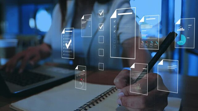 Document management concept, Businesswomen check electronic documents on digital documents on virtual screen Document Management System and process automation to efficiently document paperless operate - Powered by Adobe