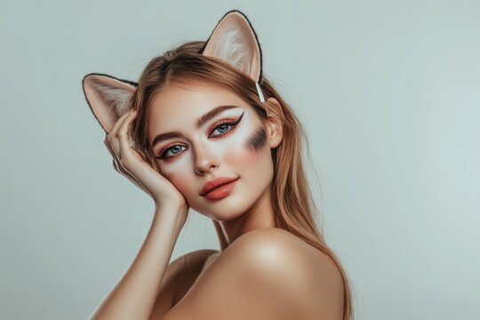 A woman poses for a photo wearing cat ears and makeup, making for a unique and playful scene