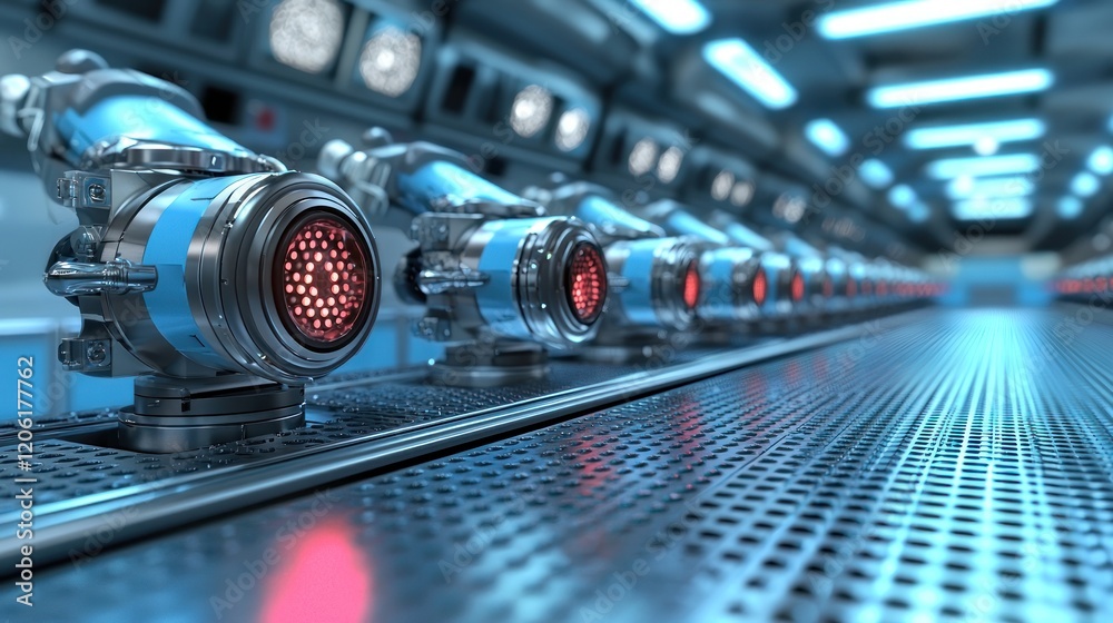 Poster futuristic robotic assembly line in a high-tech factory setting: advanced machinery and glowing comp