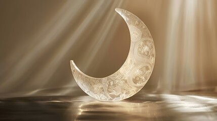 Obraz premium Ornate glass crescent moon on silk, studio shot, light rays, Islamic art decor