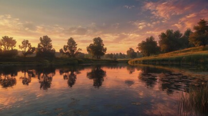 Obraz premium Beautiful sunset over the lake with reflection in water. Colorful summer landscape.