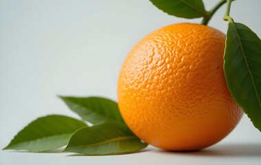 Photorealistic orange fruit, vibrant color, detailed texture, green leaves, white background, studio lighting, macro photography, high resolution, crisp details, fresh produce,