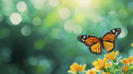 Fototapeta premium vibrant butterfly flutters gracefully among bright yellow flowers, creating serene and enchanting scene