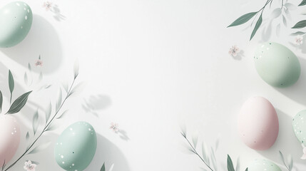 A sleek and modern Easter banner, clean white background with minimalist pastel Easter eggs. 