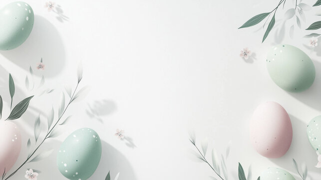 A sleek and modern Easter banner, clean white background with minimalist pastel Easter eggs. 
