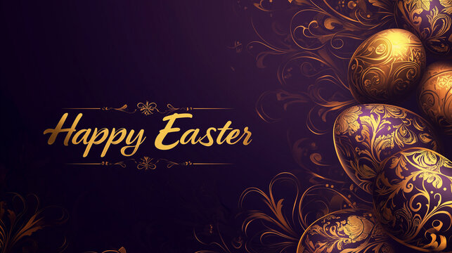 A luxurious Easter banner, rich purple background with ornate golden Easter eggs. - Powered by Adobe