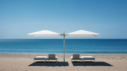 A luxurious private beach escape, two stylish sunbeds shaded under a white umbrella, silky soft sand leading to a vibrant azure ocean.