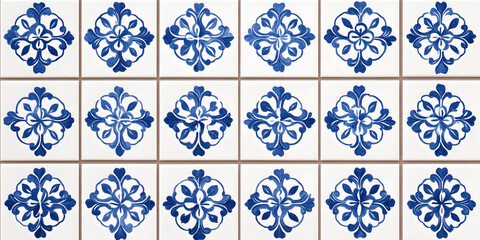 Fototapeta premium Blue and white patterned tiles create a classic and elegant design. Perfect for bathrooms, kitchens, or accent walls.
