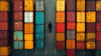 Fototapeta premium Aerial view of a person standing among colorful shipping containers in a port.