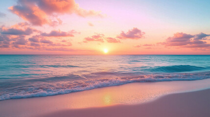 A breathtaking beach sunset, soft pastel sky, wispy clouds, gentle waves, golden sun. 