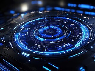 Futuristic Technological Interface with Glowing Blue Circular Elements
