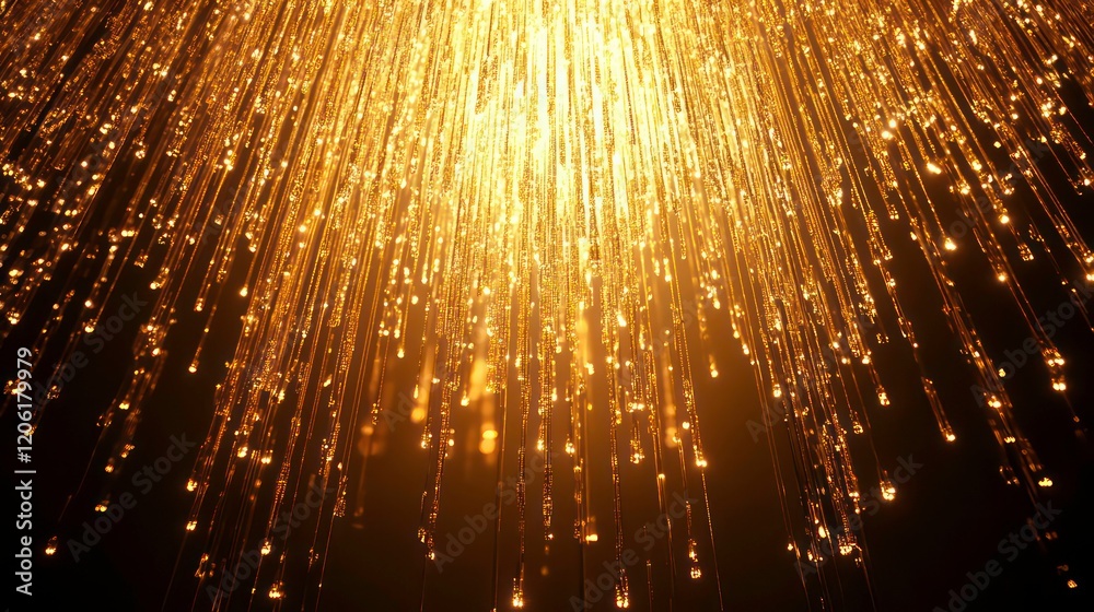 Poster abstract golden light rays descending on black background.