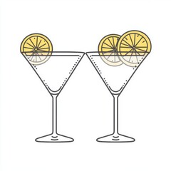 Two cocktail glasses adorned with a lemon slice, illustrated in a streamlined one-line continuous drawing style. Hand-drawn linear silhouette icon. Ideal minimal design element for print, banner,