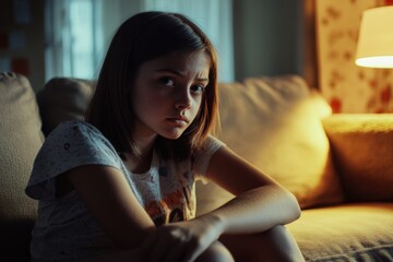 Obraz premium A young girl sitting on a couch in a living room, relaxed and comfortable