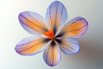 Fototapeta premium A single purple and orange flower blooms on a clean white background