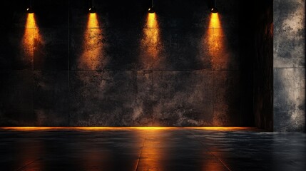 Fototapeta premium Moody industrial interior with warm lighting illuminating a dark concrete wall. The contrast between light and shadow creates a dramatic effect.