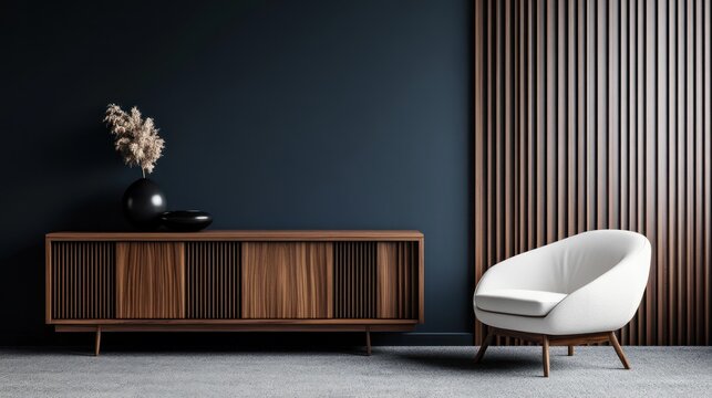 Modern minimalist living room interior design, dark wall, wooden accent, chair, sideboard