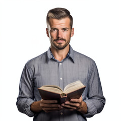 Man reading book with serious expression on white background