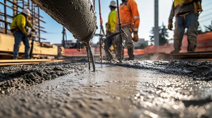 A dramatic shot of workers pouring and smoothing concrete for a foundation slab at an industrial plant construction site, Industrial plant foundation scene, Concrete pouring style