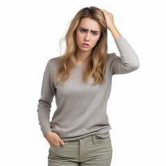 Fototapeta premium Frustrated woman scratching her head against a white background