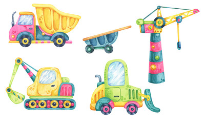 Naklejka premium Bright construction vehicles. Toy cars. Pink dump truck, green forklift, yellow excavator, and colorful crane. Kids building site watercolor clipart. Ideal for baby nursery room designs, wall stickers