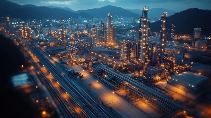 Fototapeta premium Aerial view of an illuminated industrial complex at dusk, showcasing machinery and infrastructure.