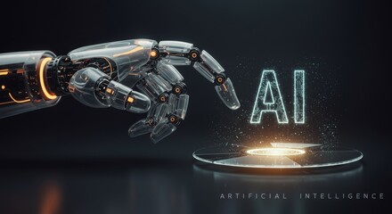Robotic hand interacting with artificial intelligence in futuristic setting showcasing digital innovation and glowing concept design with cyber technology and machine learning inspiration
