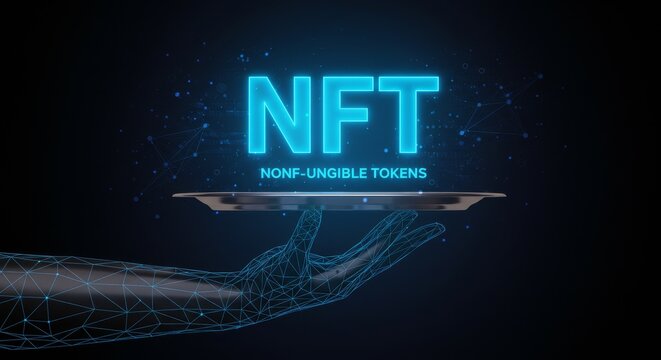 Digital visualization of non fungible token concept in futuristic cyber theme with blue neon glow and abstract hand in wireframe style representing technology and blockchain innovation