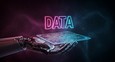 Advanced digital data concept with robotic hand holding glowing holographic tablet showcasing artificial intelligence and futuristic technology for innovation and analytics