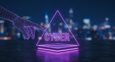 Neon cyber concept with wireframe hand pointing towards glowing holographic shape in futuristic technological design representing innovation and digital system
