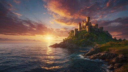 Castle on the island at sunset. Panoramic view.