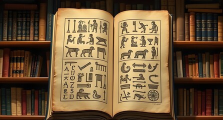 Fototapeta premium Close up view of an open book with ancient hieroglyphics, the writings of Ancient Egypt.