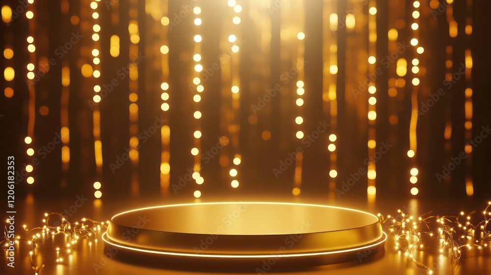 Poster golden podium with bokeh lights background. (1)