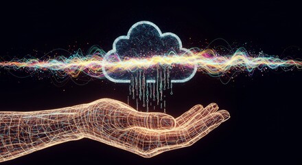 Digital hand holding a glowing cloud with colorful binary waves representing cloud technology, data synchronization, and connectivity for online storage and smart computing solution