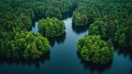 Aerial view of lush green islands surrounded by calm waters in a serene forest landscape.