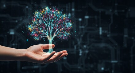 Hand holding glowing binary-coded tree symbolizing growth and sustainability in digital technology for data networks, smart systems, and innovative futuristic design