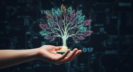 Hand holding glowing binary-coded tree symbolizing growth and sustainability in digital technology for data networks, smart systems, and innovative futuristic design