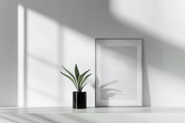 A plant sits in a black vase next to a picture frame