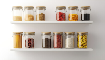Various uncooked groceries in glass jars arranged on wooden shelves