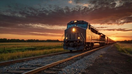 Obraz premium Freight train with wagons at sunset. Freight transportation.