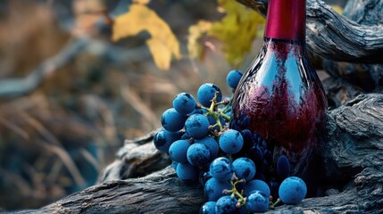 A wine bottle sitting on a tree branch, perfect for rustic or outdoor themed designs