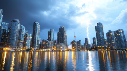 Fototapeta premium Dramatic lightning strikes over city skyline at night, reflecting on water