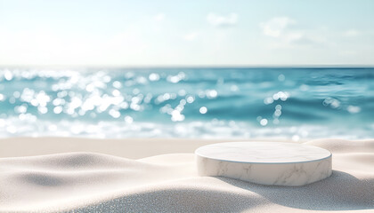 Obraz premium Marble podium in tropical sand over blurred tropical sea background