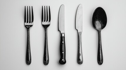 Black cutlery set on white, overhead shot.