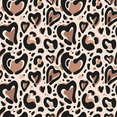Seamless pattern with heart-shaped leopard spots, brown shapes, animal print. Aesthetic background for apparel, room decor, tee prints, fabric, wrapping, design projects highlighting natural themes